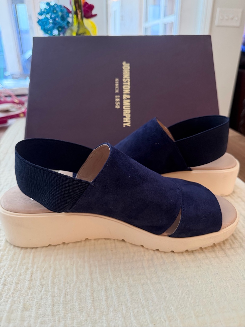 Johnston & Murphy Navy Suede Elastic-Back Platform Sandal